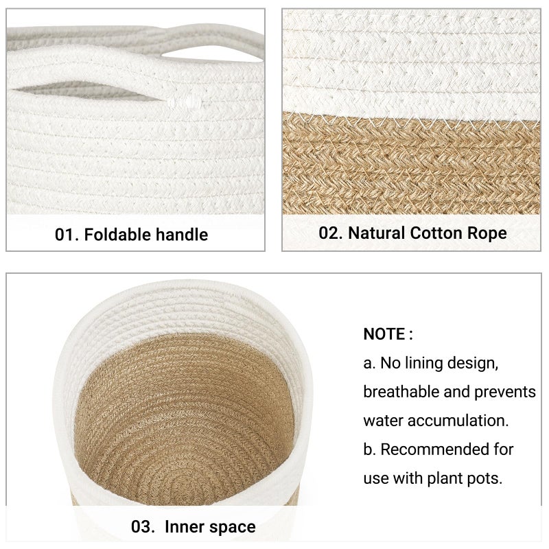 Dahey Small Cotton Rope Plant Basket Woven Plant Coiled Basket for Up to 7" Planter, Decorative Flower Pot Cover Closet Storage Bin Table Desk Organizer for Home Decor, White and Beige - Image 4